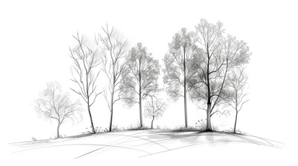 minimalistic black and white line drawing of various trees on a landscape with delicate and intricate details