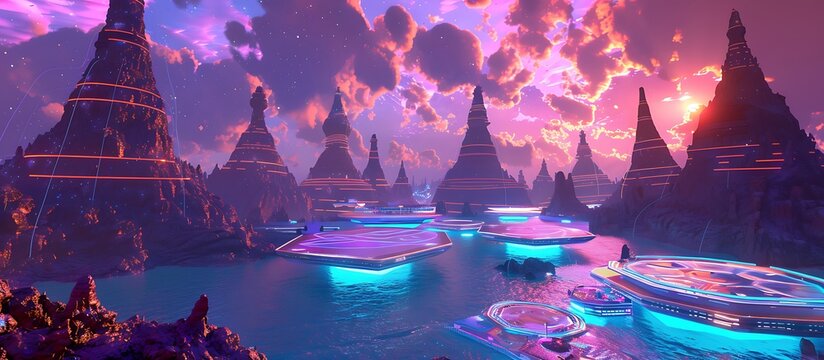 A futuristic planet with massive glowing spires, neon lakes, and floating holographic platforms under a vibrant, electric sky.