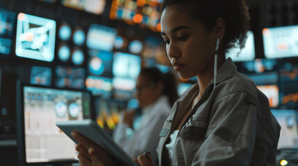 The Future is Now: Multiethnic Woman Oversees Control Center with Tablet