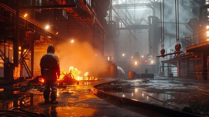 A worker in protective stands near the open fire of an ironworks with hot metal, in a large workshop for smelting and casting iron and steel, industrial equipment around it, smoke