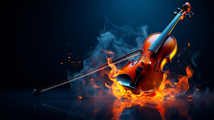 Fototapeta premium musical background, burning violin on a dark background, hot classical music concept, album cover melody and rhythm modern graphics