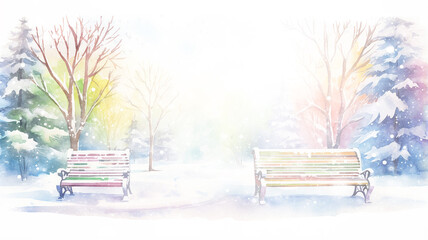 christmas park, light white background park bench, watercolor illustration, abstract holiday background