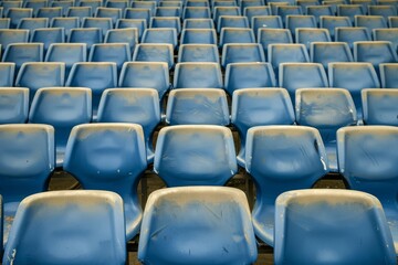 Fototapeta premium Empty stands and seats for fans and fans in the open-air stadium. Lack of fans during the pandemic.. Beautiful simple AI generated image in 4K, unique.
