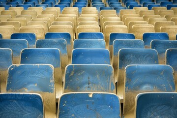 Naklejka premium Empty snow-covered stands of the stadium. Beautiful simple AI generated image in 4K, unique.