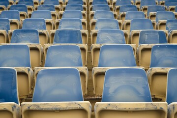 Naklejka premium Empty snow-covered stands of the stadium. Beautiful simple AI generated image in 4K, unique.