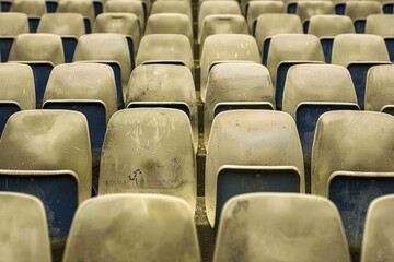 Fototapeta premium Empty stands and seats for fans and fans in the open-air stadium. Lack of fans during the pandemic.. Beautiful simple AI generated image in 4K, unique.
