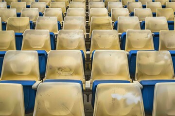 Fototapeta premium Empty stands and seats for fans and fans in the open-air stadium. Lack of fans during the pandemic.. Beautiful simple AI generated image in 4K, unique.