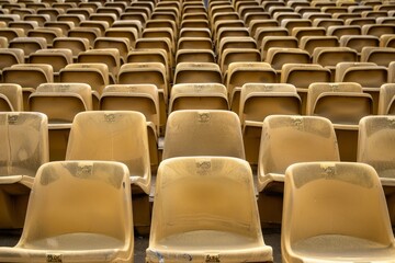 Fototapeta premium Empty stands and seats for fans and fans in the open-air stadium. Lack of fans during the pandemic.. Beautiful simple AI generated image in 4K, unique.