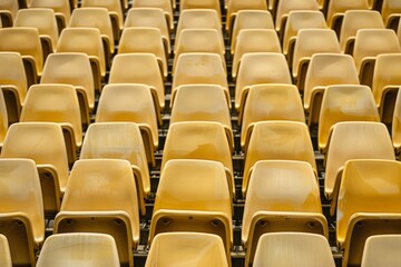 Naklejka premium Close-up taken of empty blue stadium seats with no people around. Beautiful simple AI generated image in 4K, unique.