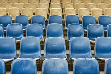 Naklejka premium Empty stands and seats for fans and fans in the open-air stadium. Lack of fans during the pandemic.. Beautiful simple AI generated image in 4K, unique.