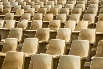 Fototapeta premium Empty stands and seats for fans and fans in the open-air stadium. Lack of fans during the pandemic.. Beautiful simple AI generated image in 4K, unique.