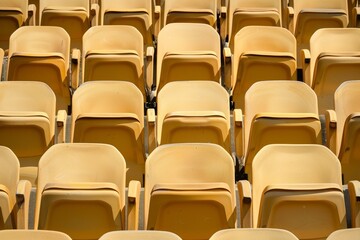 Naklejka premium Close-up taken of empty blue stadium seats with no people around. Beautiful simple AI generated image in 4K, unique.