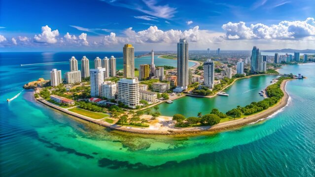 Vibrant aerial panorama of Bocagrande island in Cartagena Colombia featuring modern architecture and turquoise Caribbean Sea on isolated background.