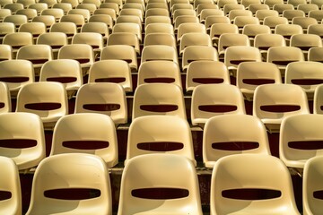 Fototapeta premium Empty stands and seats for fans and fans in the open-air stadium. Lack of fans during the pandemic.. Beautiful simple AI generated image in 4K, unique.