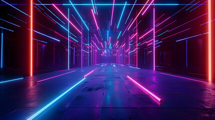3d technology abstract neon light background, empty space scene, spotlight, dark night, virtual reality, cyber futuristic sci-fi background, street floor studio for mock up. colored geometric.