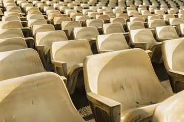 Obraz premium Empty stands and seats for fans and fans in the open-air stadium. Lack of fans during the pandemic.. Beautiful simple AI generated image in 4K, unique.