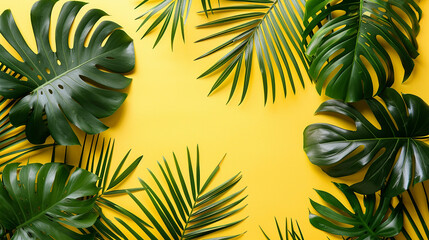 Palm leaves and monstera on yellow background