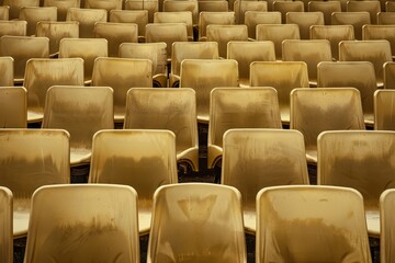 Obraz premium Close-up taken of empty blue stadium seats with no people around. Beautiful simple AI generated image in 4K, unique.