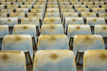 Naklejka premium Empty stands and seats for fans and fans in the open-air stadium. Lack of fans during the pandemic.. Beautiful simple AI generated image in 4K, unique.