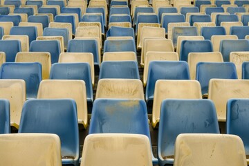 Naklejka premium Empty stands and seats for fans and fans in the open-air stadium. Lack of fans during the pandemic.. Beautiful simple AI generated image in 4K, unique.