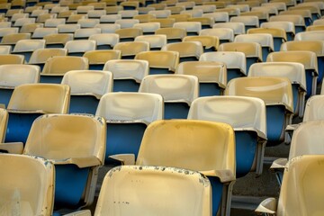 Fototapeta premium Empty stands and seats for fans and fans in the open-air stadium. Lack of fans during the pandemic.. Beautiful simple AI generated image in 4K, unique.
