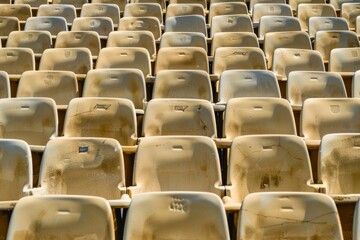 Fototapeta premium Empty stands and seats for fans and fans in the open-air stadium. Lack of fans during the pandemic.. Beautiful simple AI generated image in 4K, unique.
