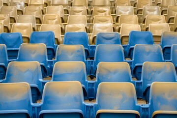Obraz premium Close-up taken of empty blue stadium seats with no people around. Beautiful simple AI generated image in 4K, unique.