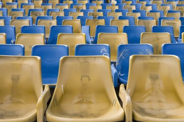 Fototapeta premium Empty stands and seats for fans and fans in the open-air stadium. Lack of fans during the pandemic.. Beautiful simple AI generated image in 4K, unique.