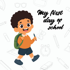 Cute smiling pupil boy going to school with backpack and pencil in hand.  First day of school banner