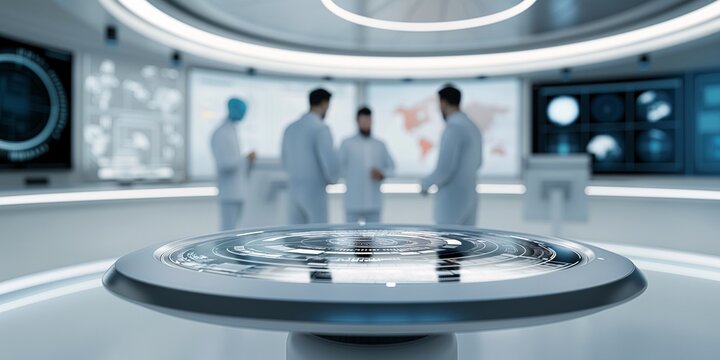 Futuristic Medical Research: A team of scientists in sterile white coats gather around a holographic display in a cutting-edge laboratory, symbolizing the future of healthcare and innovation.