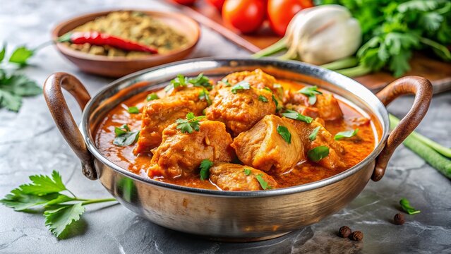 Savory white chicken karahi dish served in a traditional Indian handi, garnished with fresh cilantro and herbs on a marble table.