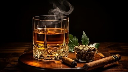 Tranquil scene  whiskey and cigar on wooden table, a moment of relaxation and enjoying life