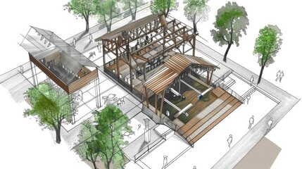 Fototapeta premium Music venue: architectural drawing of an open-air theater, wood, metal, space, seating, stage, trees, lighting, aerial view