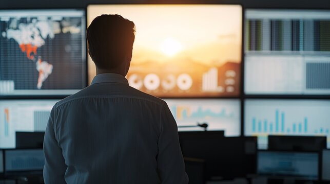 Commanding the Data: A lone figure stands before a wall of glowing screens, analyzing global trends and market insights as the sun rises on a new day.
