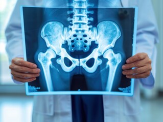 Radiologist Assessing 3D Hip Radiograph, medical imaging analysis, orthopedic evaluation, clear focus on hip damage, ample space for text, rich detail throughout the image