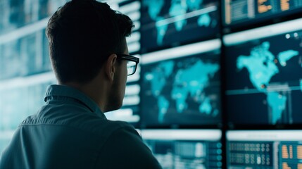 Fototapeta premium Global Surveillance: A lone data analyst contemplates a wall of glowing screens, his silhouette a stark contrast against the intricate maps and figures reflecting on his glasses.
