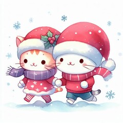 Two adorable cats in Santa hats and scarves walking in the snow, holding hands.  Perfect for Christmas cards or winter-themed designs.