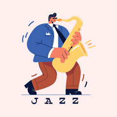 Jazz saxophone player. Cartoon flat character. Isolated. Vector illustration, creative banner