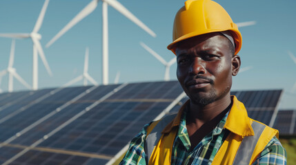 A portrait of an African male worker in front of solar panels and wind turbines, symbolizing the use of renewable energy sources.