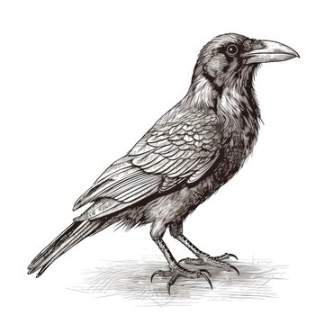 recommend clip art: Black and white Vintage engraved art of a raven, isolated on white background, ink sketch illustration, simple vector art design, highly detailed line art, high contrasty 