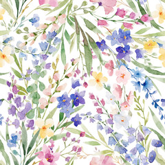 Beautiful vector floral seamless pattern with watercolor hand drawn flowers. Stock background design print. © Zenina-Lembrik