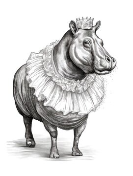 recommend clip art: Black and white Vintage engraved art of a hippo in a ballet outfit, isolated on white background, ink sketch illustration, simple vector art design, highly detailed line art, high contrasty