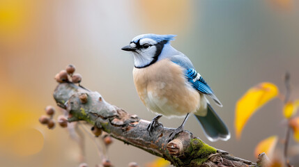 Obraz premium A vibrant blue jay sits on a branch with a soft-focus background, showcasing its striking blue and white feathers.