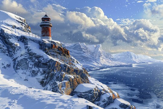 ai generative lighthouse in winter on the edge of the rocky beach with a beautiful view