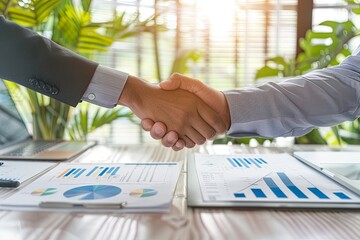 Businessmen shaking hands over charts and documents