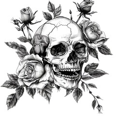 Black and white Vintage engraved art of a dark roses and skull, isolated on white background, ink sketch illustration, simple vector art design, highly detailed line art, high contrasty