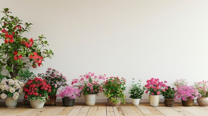 Fototapeta premium Colorful Flowers in Pots against White Wall of Copy Space