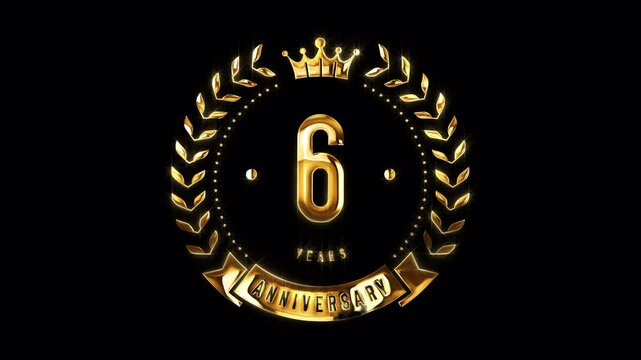 6th Anniversary Celebration. Happy 6 Years Anniversary Animation in Gold Color on the Transparent Background, Alpha Channel. Great for greetings, celebrations, events, and gifts.