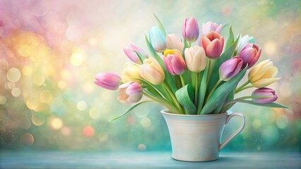Delicate, swirly watercolor background subtly gradates behind a bouquet of elegant, cup-shaped tulips in soft, pastel hues.