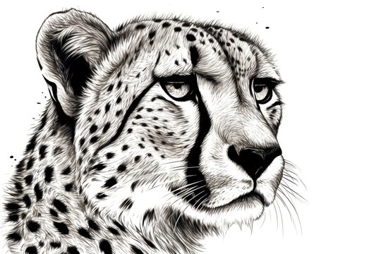 Black and white Vintage engraved art of a close-up portrait of a cheetah isolated on white background, ink sketch illustration, simple vector art design, highly detailed line art, high contrasty